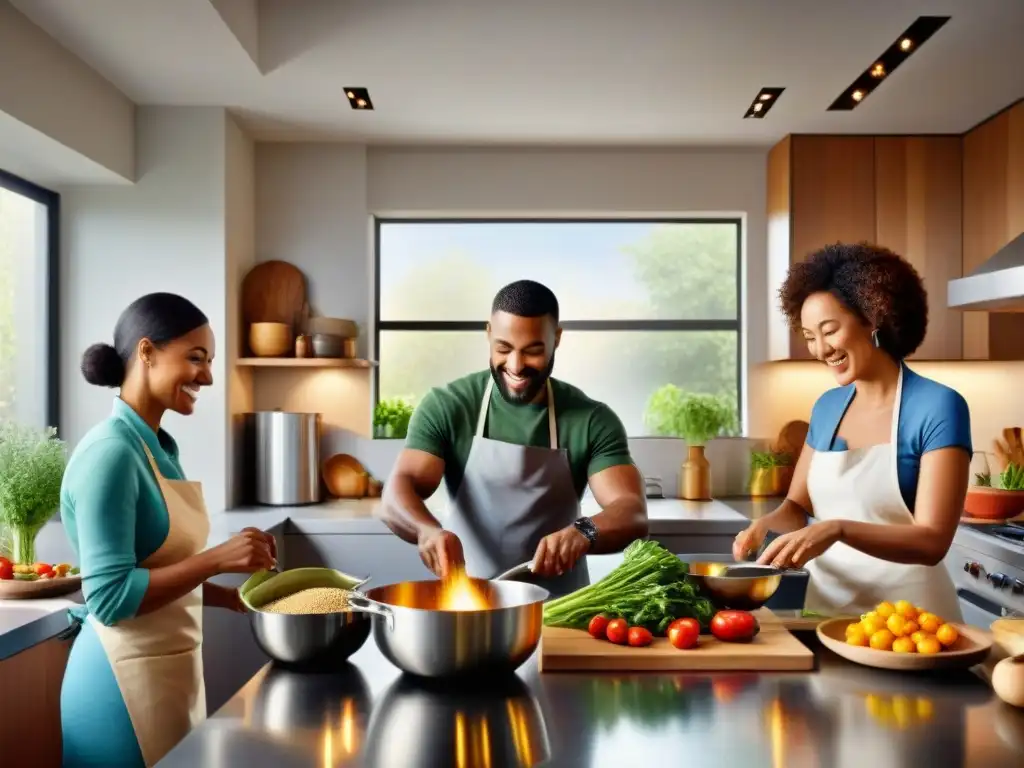 Vívida escena de diversidad cocinando en armonía en cocina moderna llena de ingredientes sin gluten