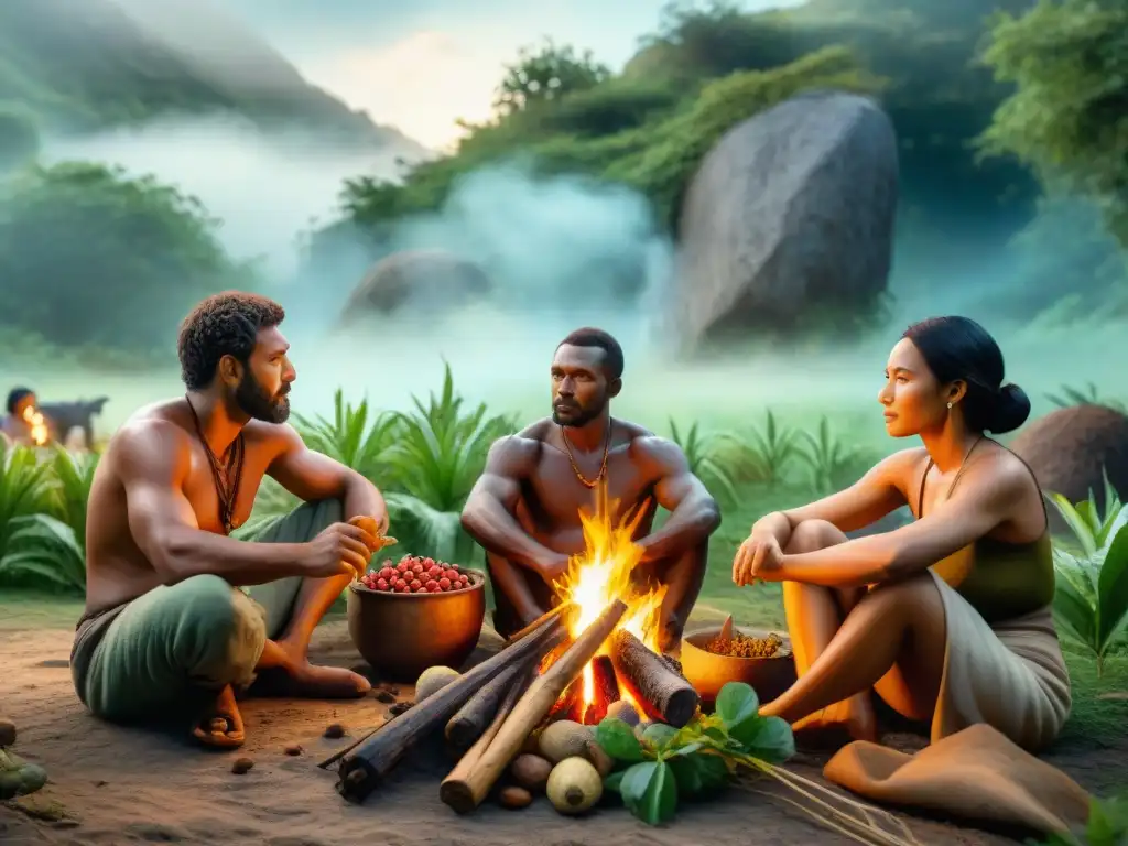 Vívida escena de prehistóricos cocinando y recolectando alimentos en un paisaje exuberante