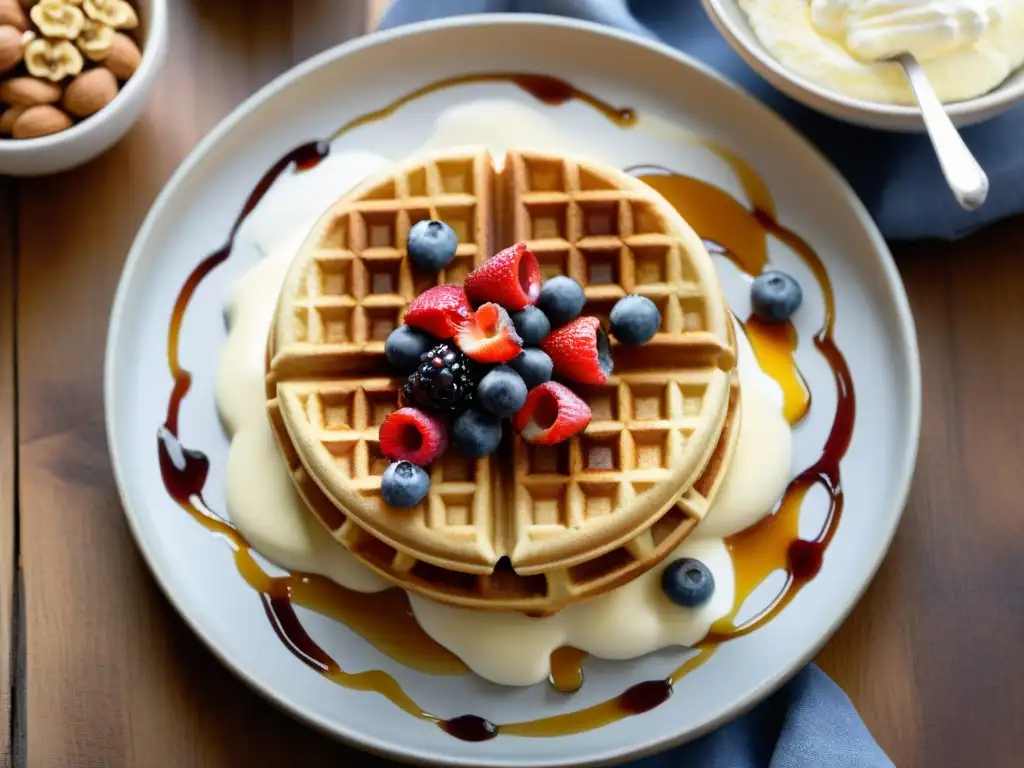 Waffles sin gluten con bayas frescas, miel y azúcar glass en mesa rústica